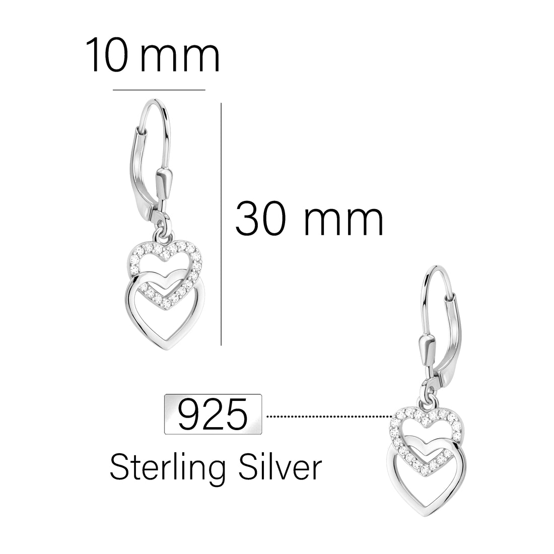 Maßenansicht von Herz Ohrhänger in 925 Silber von Sofia Milani - E0453