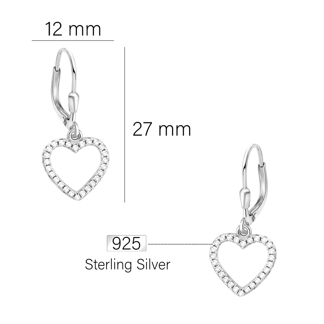 Maßenansicht von Herz Ohrhänger in 925 Silber von Sofia Milani - E0463