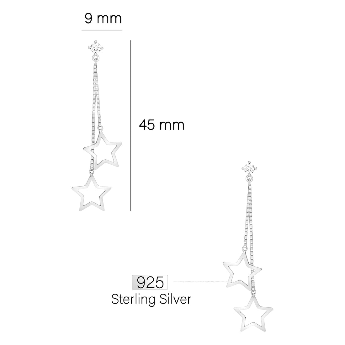 Maßenansicht von Stern Ohrstecker in 925 Silber von Sofia Milani - E0503