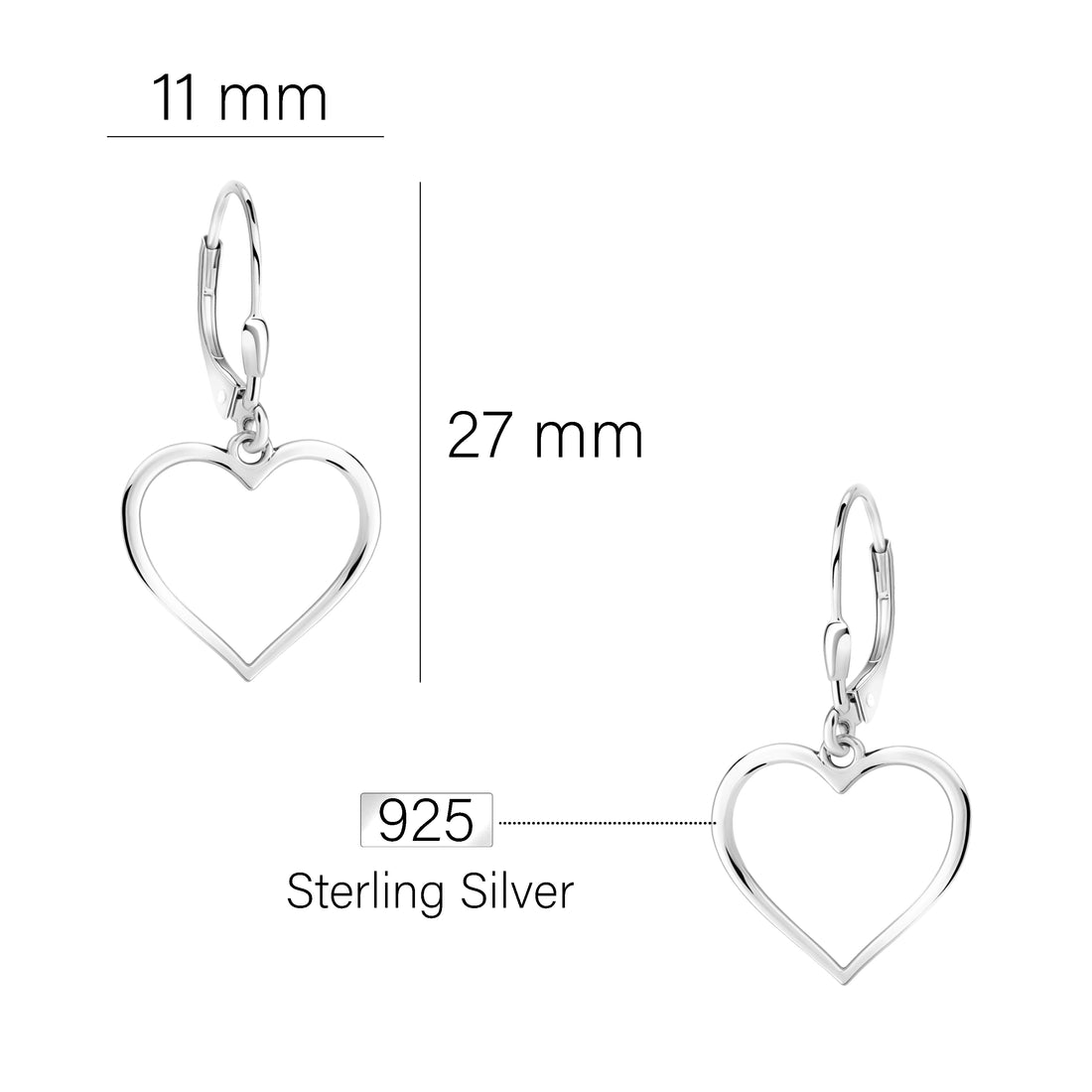 Maßenansicht von Herz Ohrhänger in 925 Silber von Sofia Milani - E0504