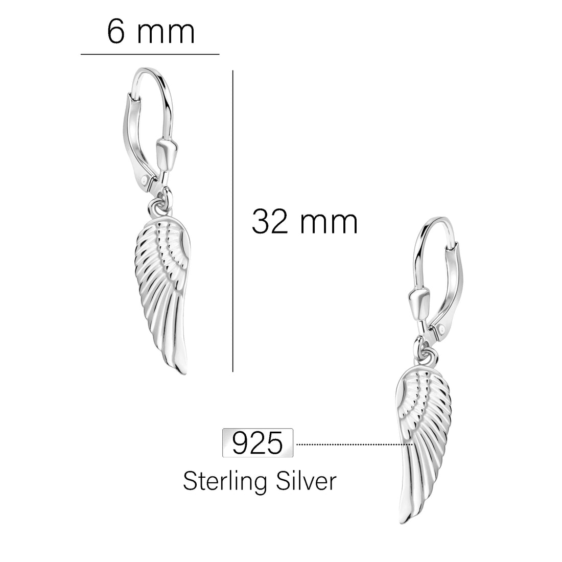Maßenansicht von Flügel Ohrhänger in 925 Silber von Sofia Milani - E0527