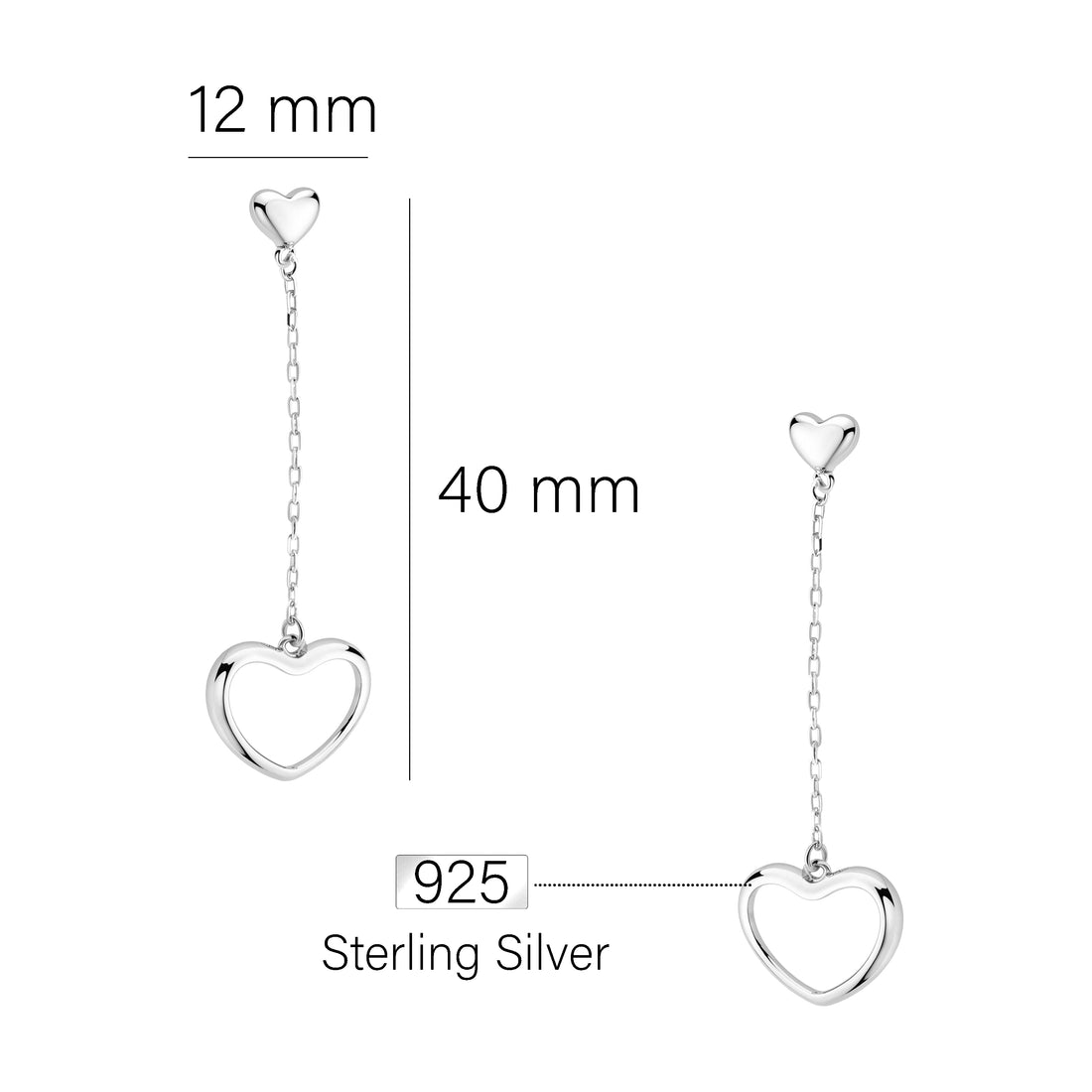 Maßenansicht von Herz Ohrhänger in 925 Silber von Sofia Milani - E0529
