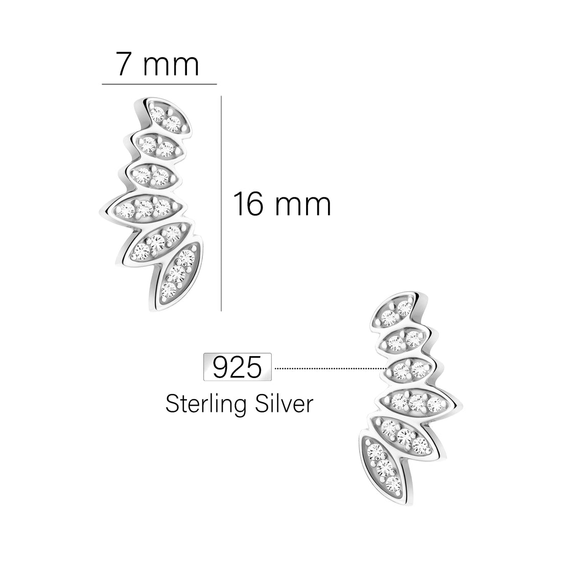 Maßenansicht von Blatt Ohrstecker in 925 Silber von Sofia Milani - E0590