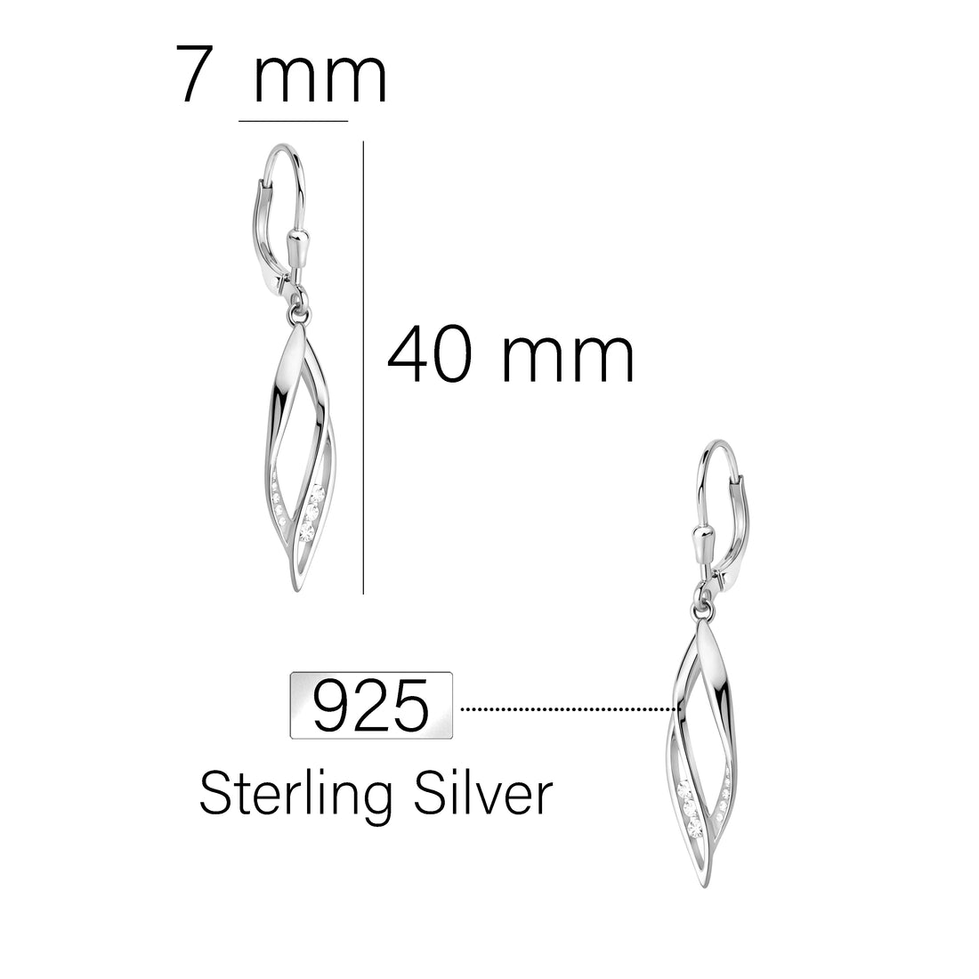 Maßenansicht von Gedreht Ohrhänger in 925 Silber von Sofia Milani - E0871