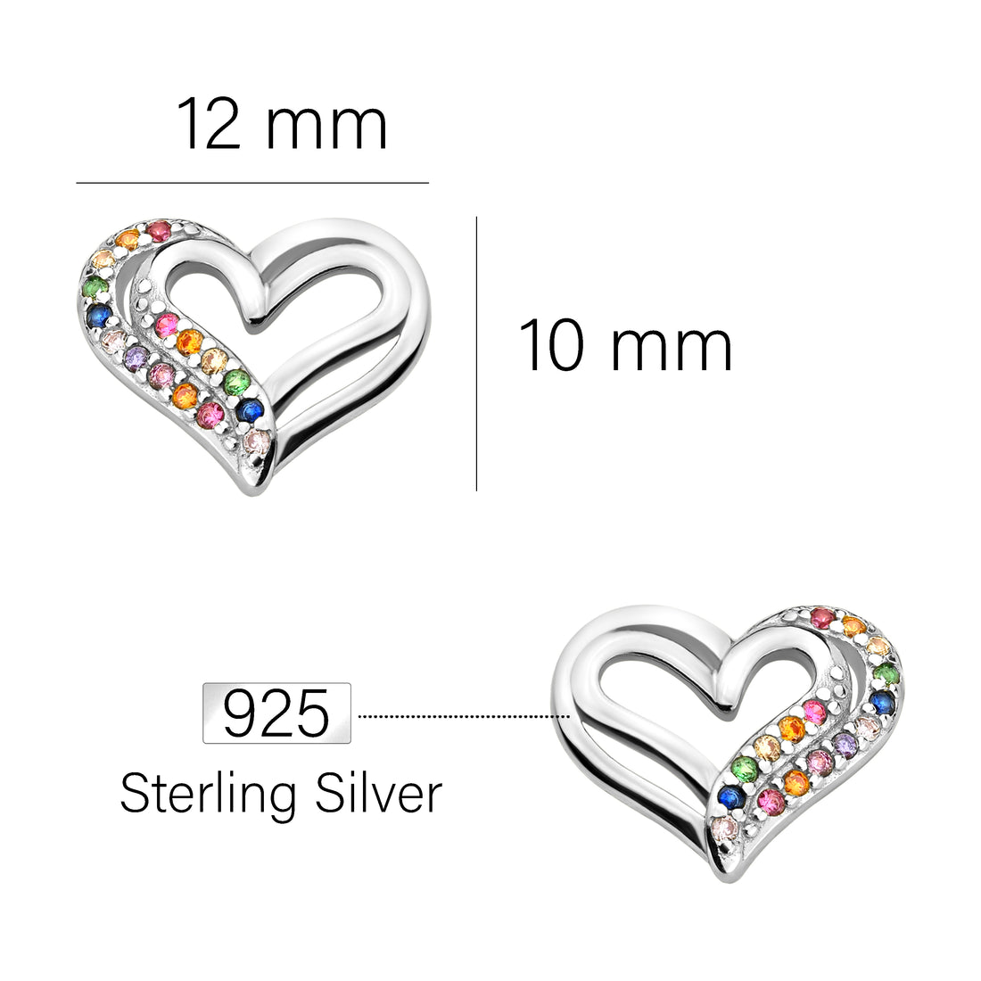 Maßenansicht von Herz Ohrstecker in 925 Silber von Sofia Milani - E1558