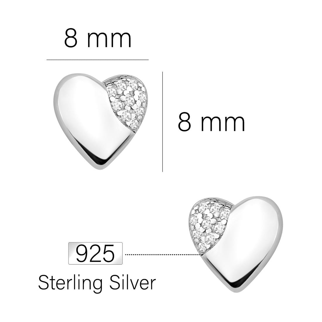 Maßenansicht von Herz Ohrstecker in 925 Silber von Sofia Milani - E1562