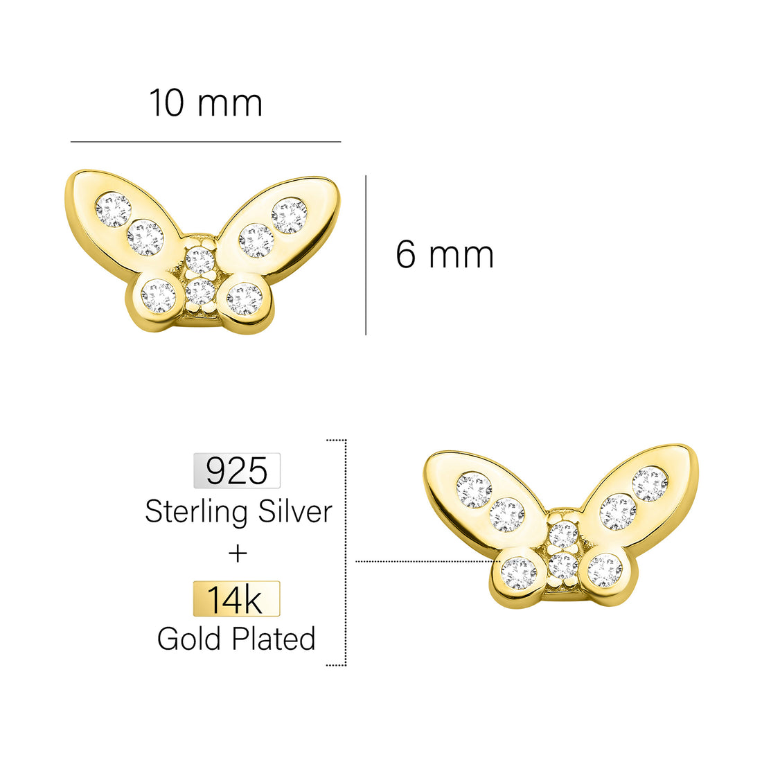 Maßenansicht von Schmetterling Ohrstecker in 925 Silber von Sofia Milani - E1567
