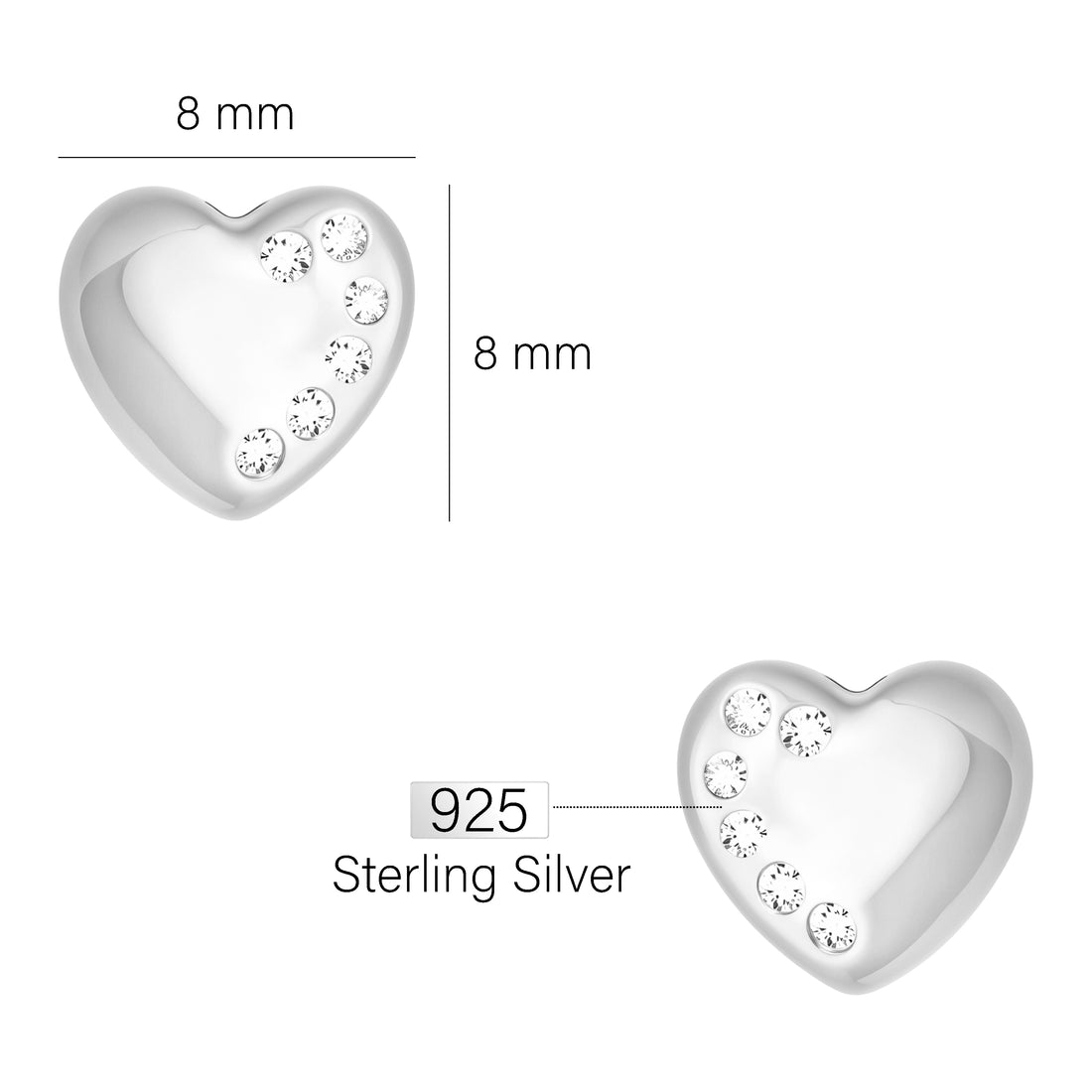 Maßenansicht von Herz Ohrstecker in 925 Silber von Sofia Milani - E1568