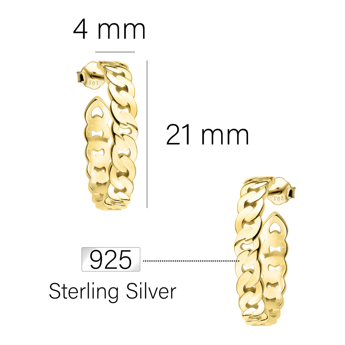 Maßenansicht von Glieder Steck Creolen in 925 Silber von Sofia Milani - E1583