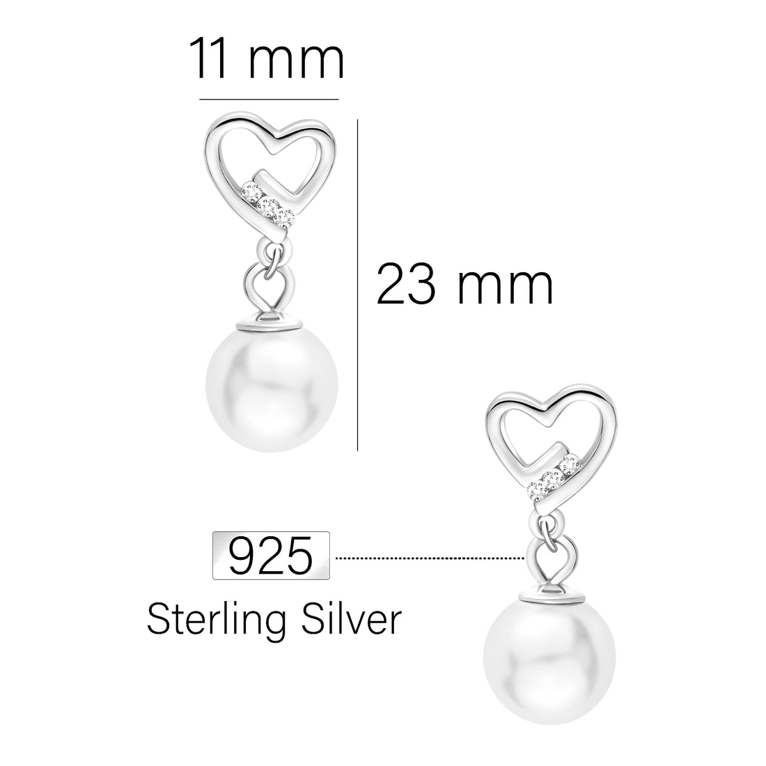 Maßenansicht von Herz Perle Ohrhänger in 925 Silber von Sofia Milani - E1600