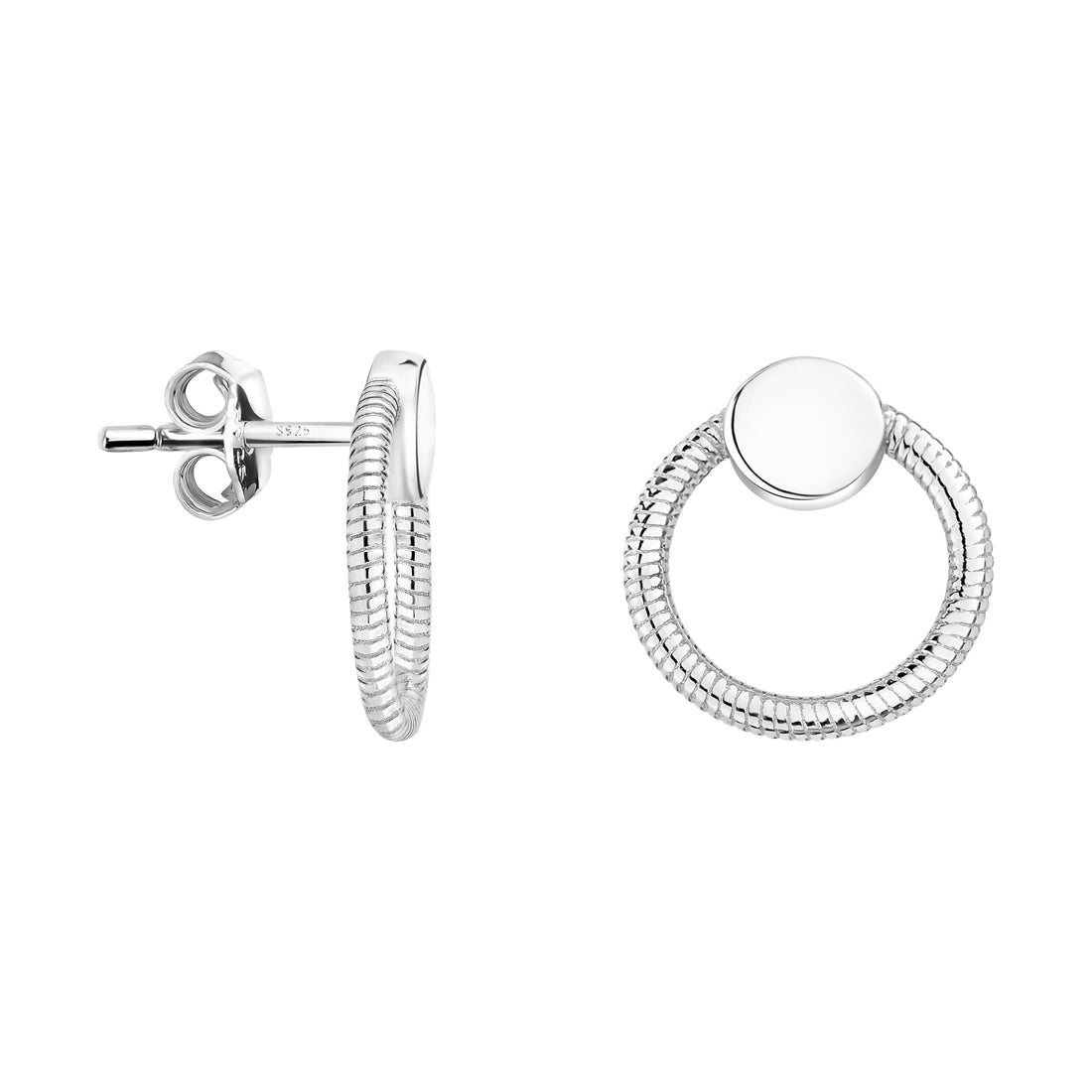 Haupt- und Seitenansicht von Geriffelter Kreis Ohrstecker in 925 Silber von Sofia Milani - E1606