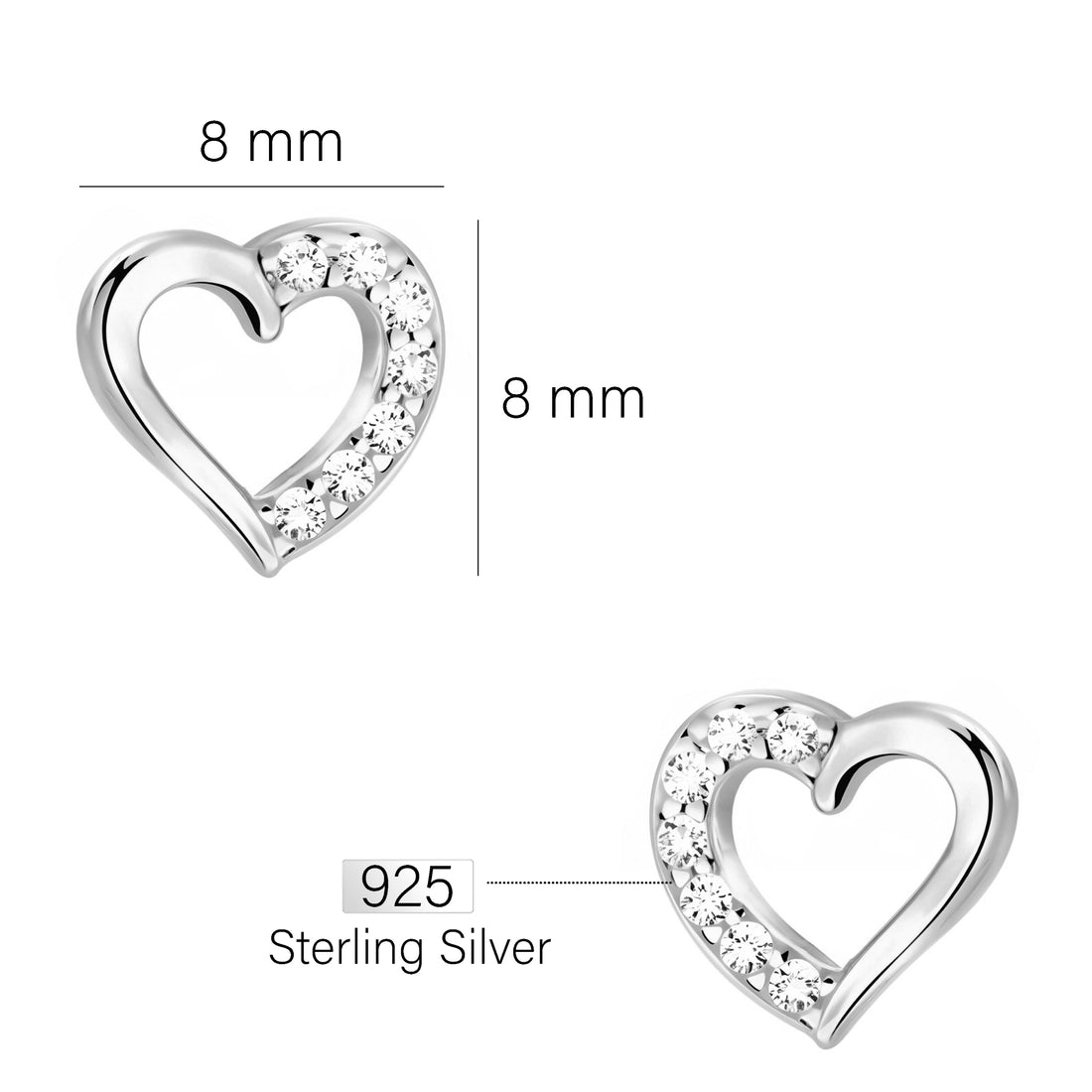 Maßenansicht von Herz Ohrstecker in 925 Silber von Sofia Milani - E1636
