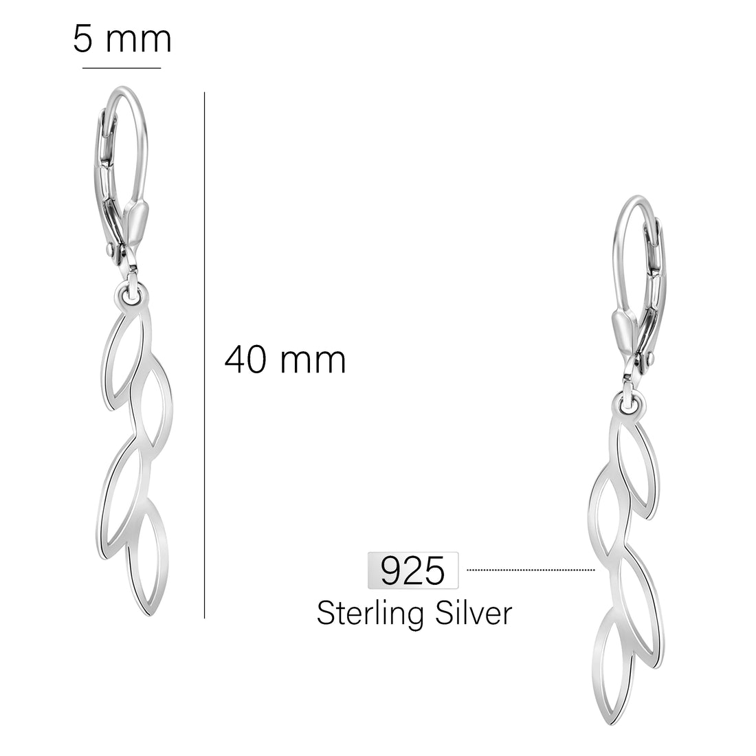 Maßenansicht von Blatt Ohrhänger in 925 Silber von Sofia Milani - E1650