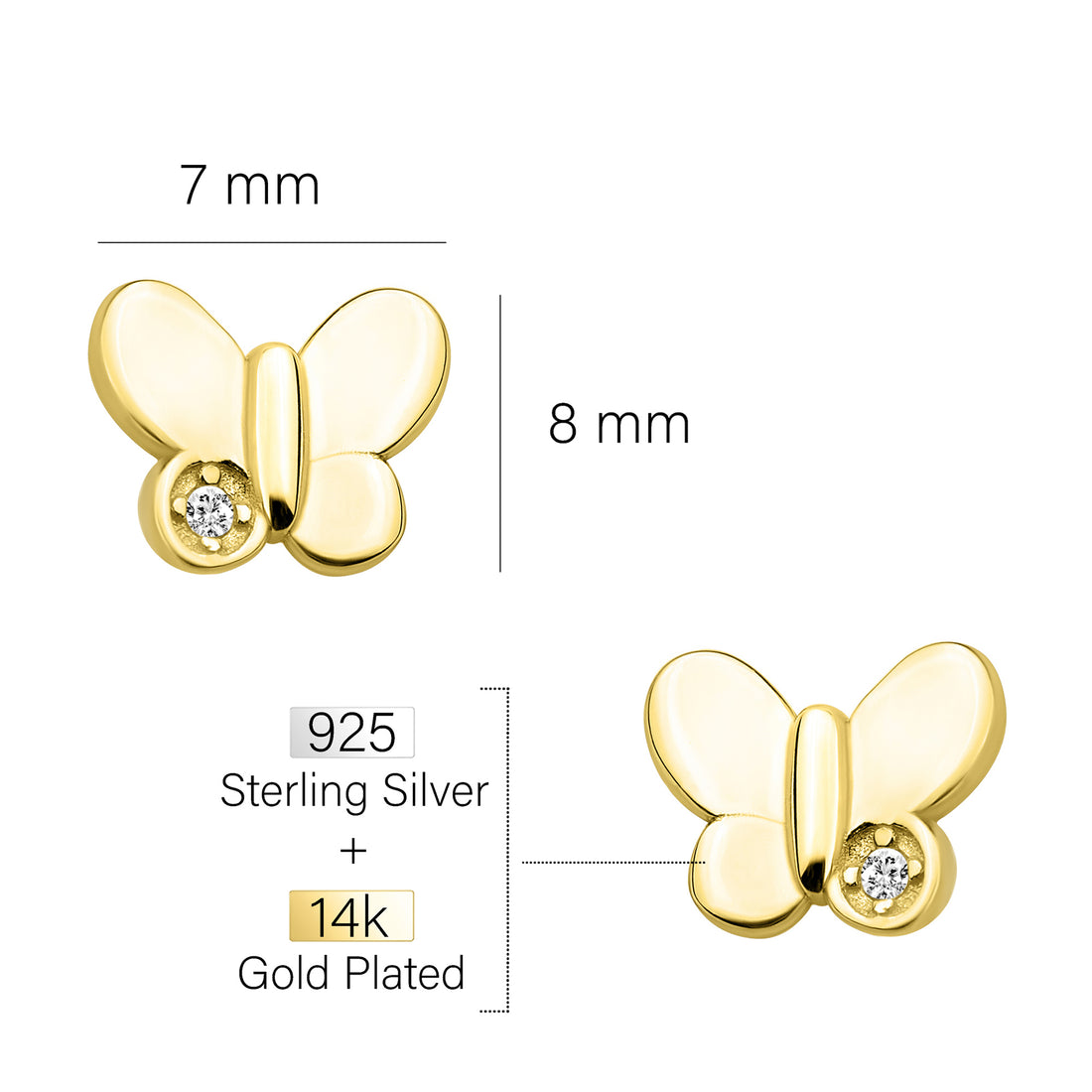 Maßenansicht von Schmetterling Ohrstecker in 925 Silber von Sofia Milani - E1653
