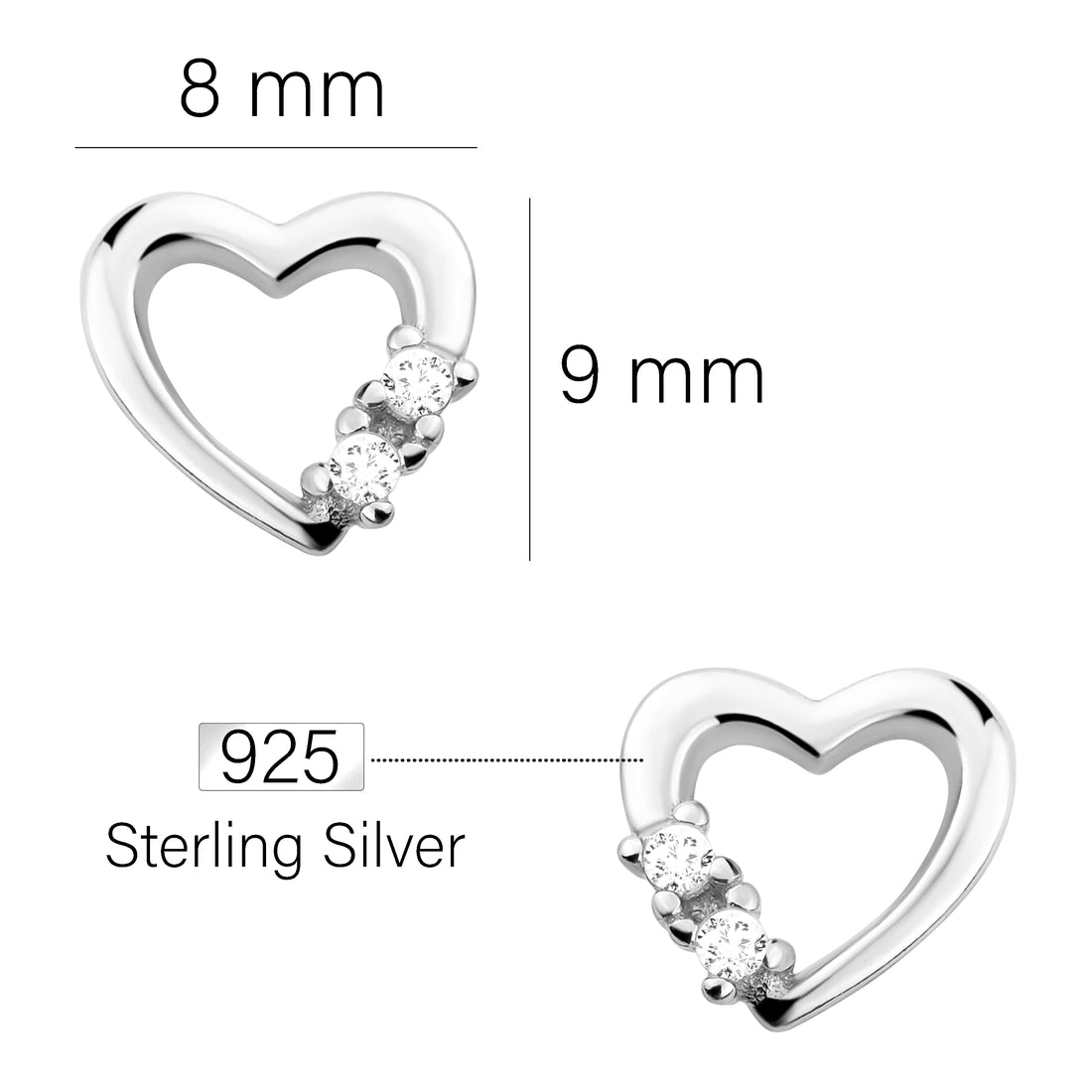 Maßenansicht von Herz Ohrstecker in 925 Silber von Sofia Milani - E1658