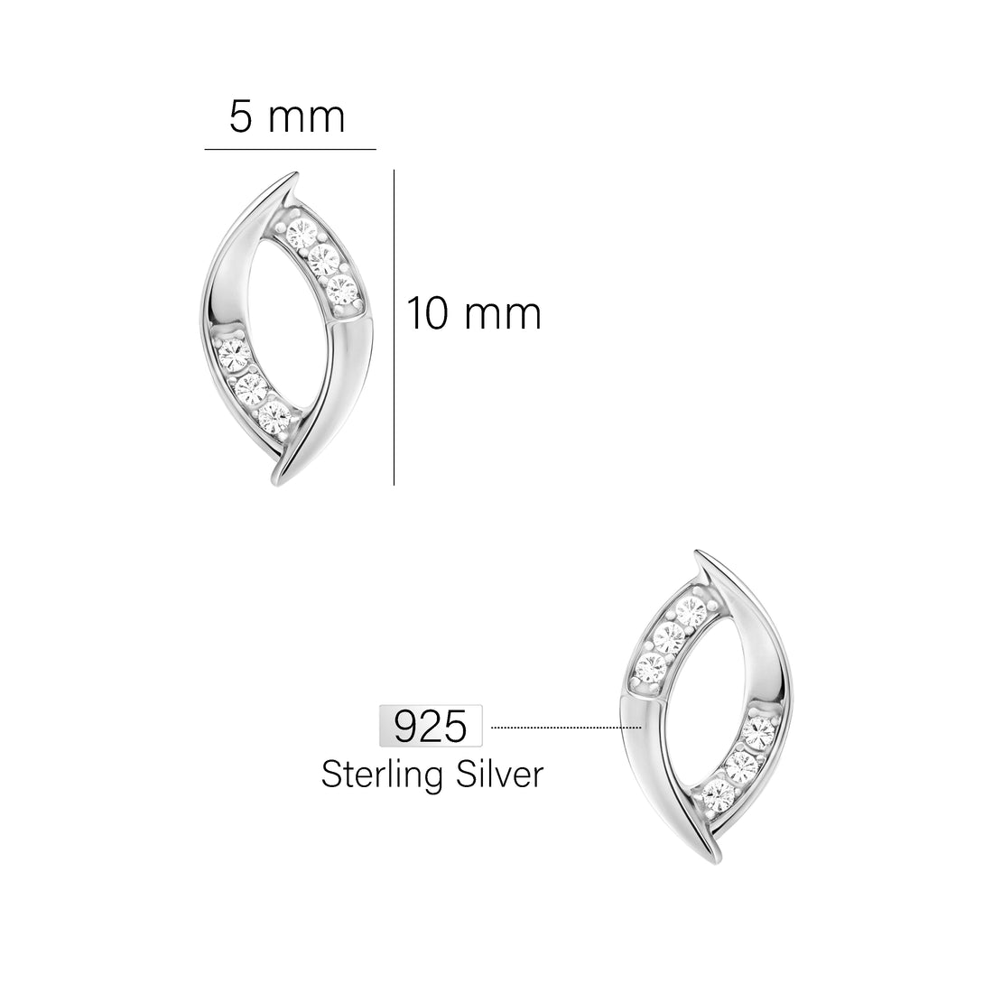 Maßenansicht von Oval Ohrstecker in 925 Silber von Sofia Milani - E1668