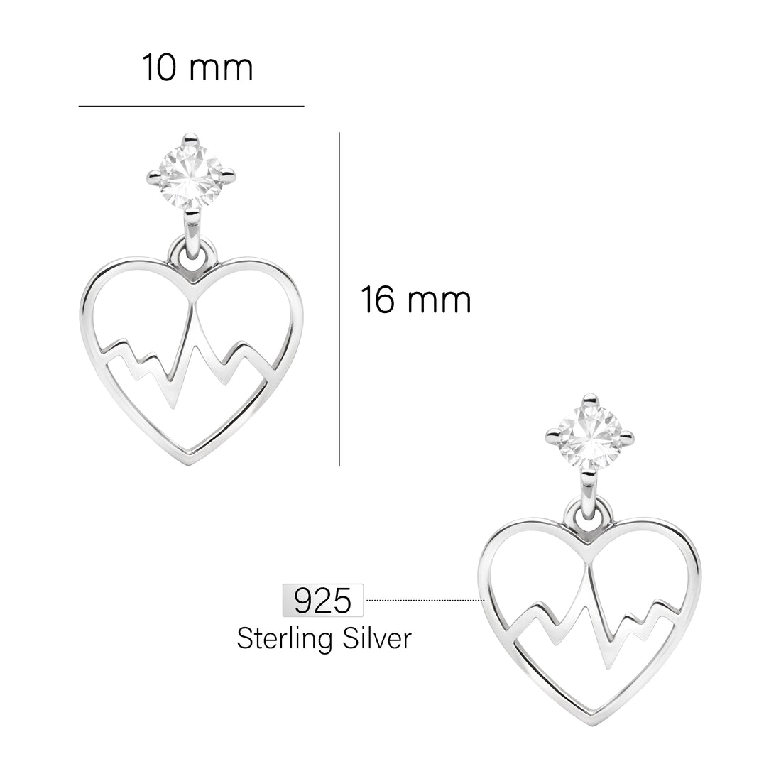 Maßenansicht von Herz Ohrhänger in 925 Silber von Sofia Milani - E1770