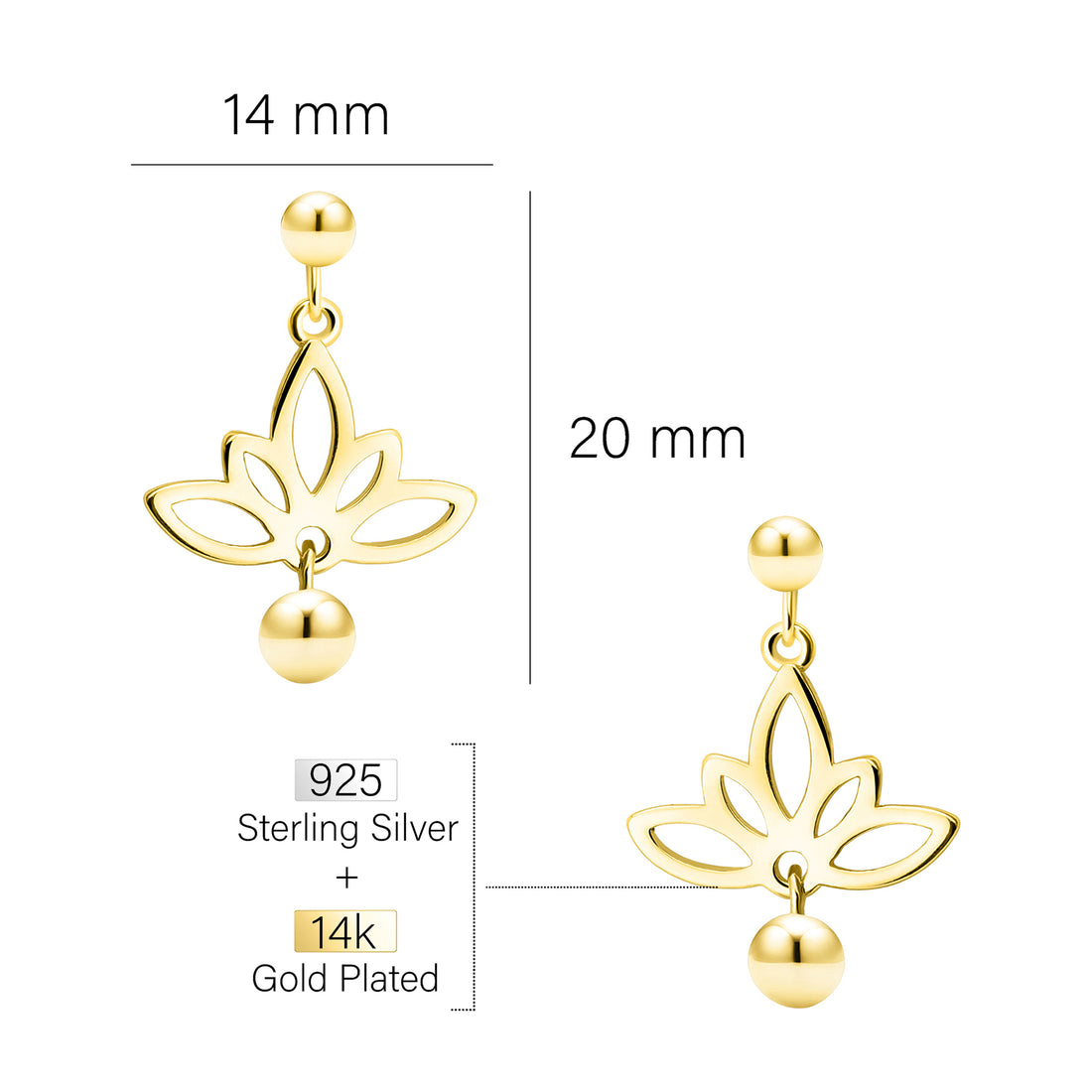 Maßenansicht von Lotus Kugel Blumen Ohrstecker in 925 Silber von Sofia Milani - E1786