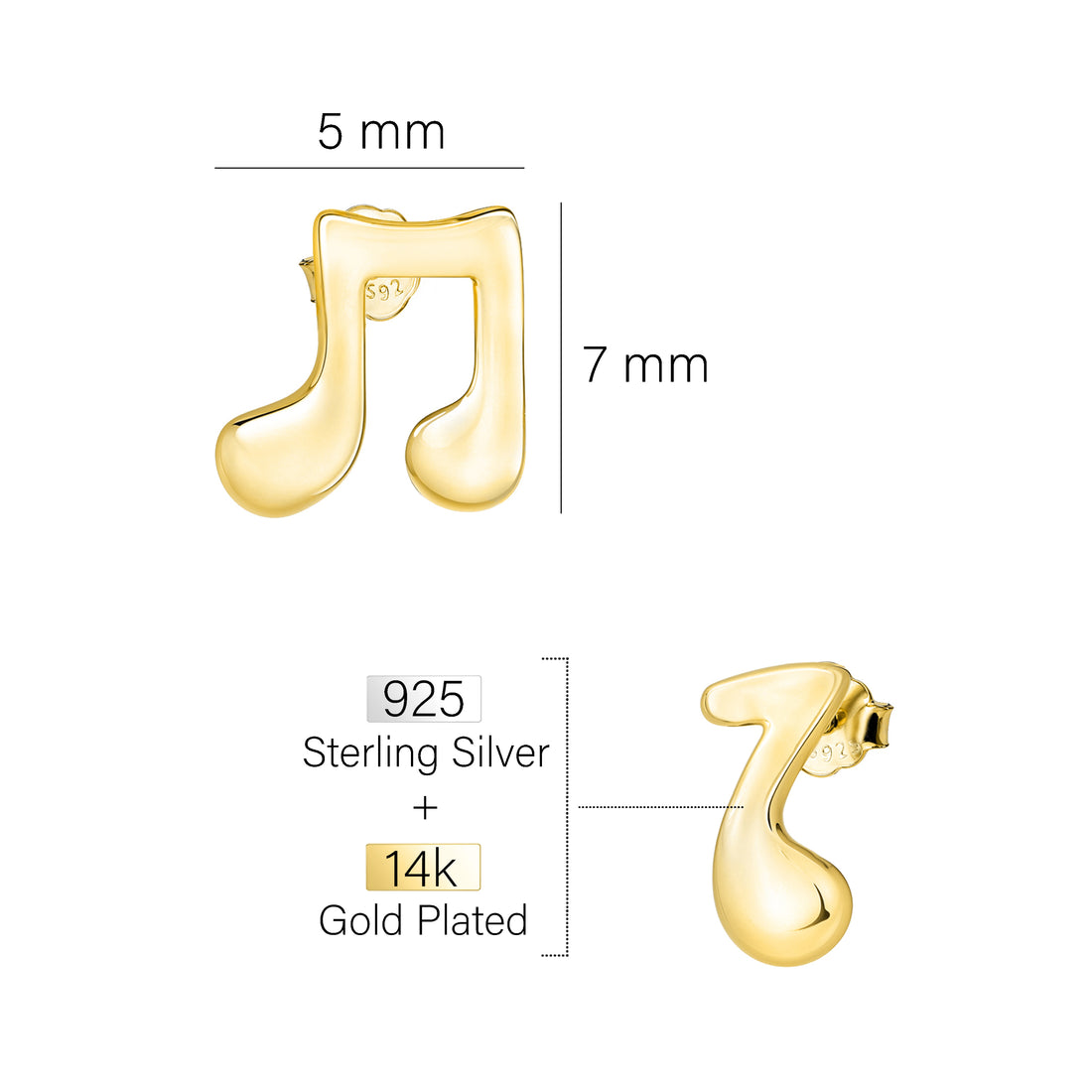 Maßenansicht von Musik Note Ohrstecker in 925 Silber von Sofia Milani - E1790