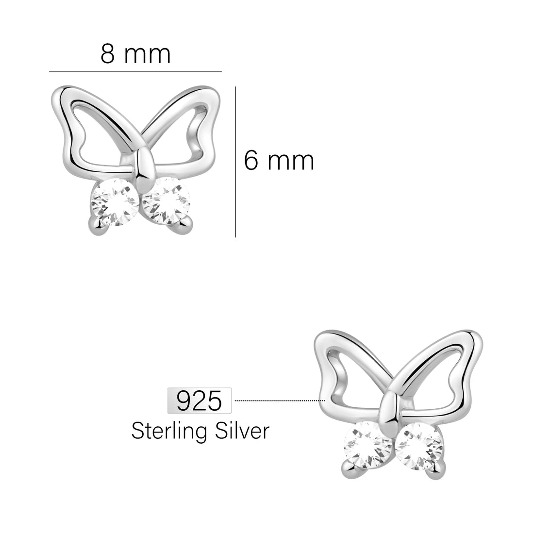Maßenansicht von Schmetterling Ohrstecker in 925 Silber von Sofia Milani - E1791