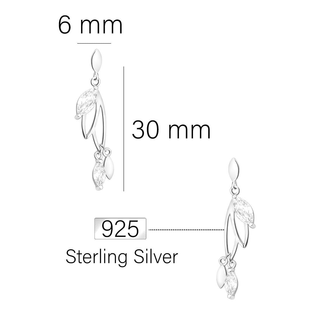 Maßenansicht von Blätter Zweigen Ohrhänger in 925 Silber von Sofia Milani - E1797
