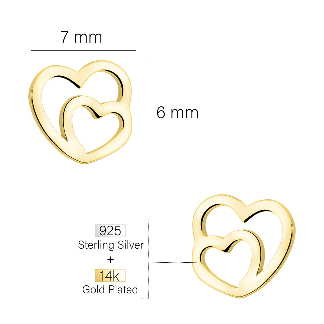 Maßenansicht von Doppeltes Herz Ohrstecker in 925 Silber von Sofia Milani - E1818