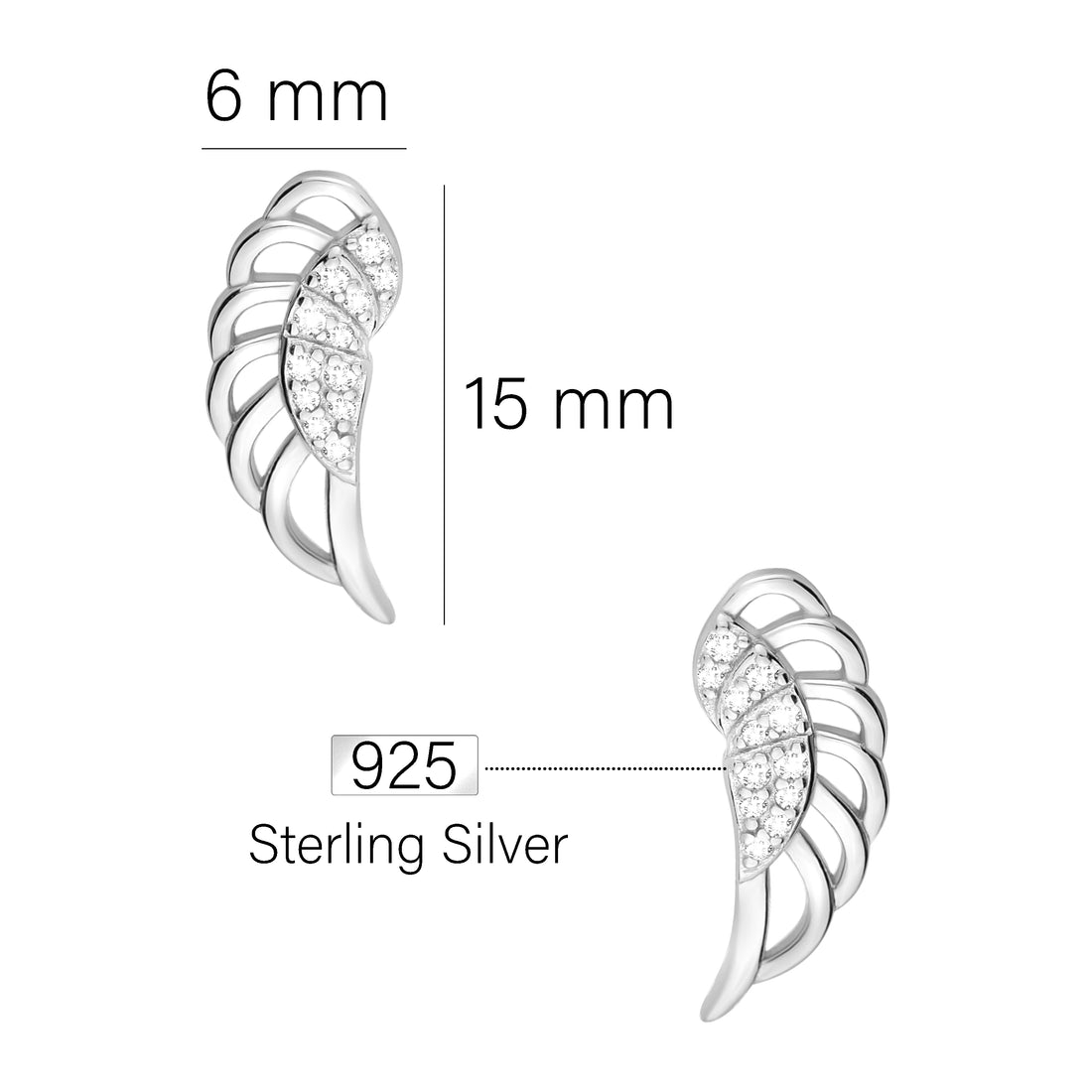 Maßenansicht von Flügel Engel Ohrstecker in 925 Silber von Sofia Milani - E1849