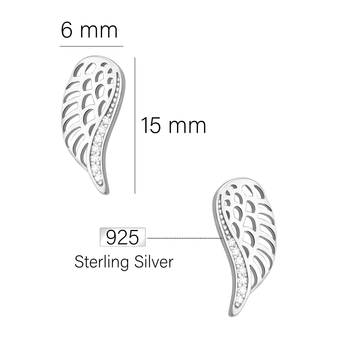 Maßenansicht von Flügel Engel Ohrstecker in 925 Silber von Sofia Milani - E1851