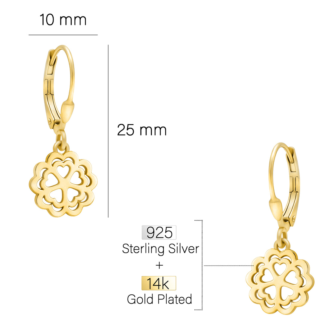 Maßenansicht von Herz Blumen Ohrhänger in 925 Silber von Sofia Milani - E1866