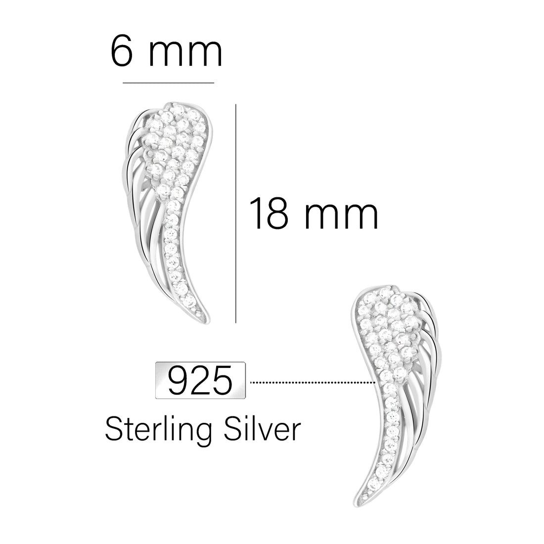 Maßenansicht von Flügel Engel Ohrstecker in 925 Silber von Sofia Milani - E1911