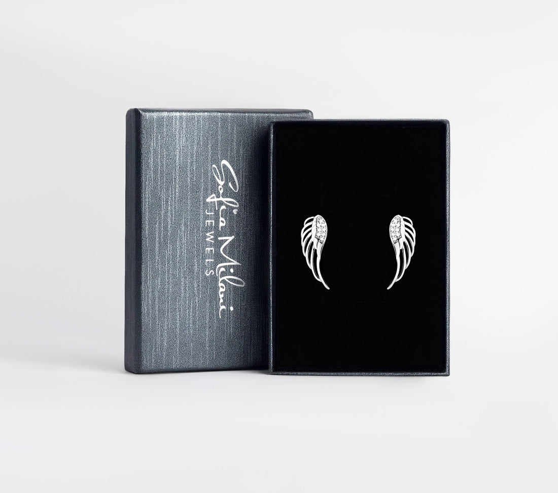 Boxansicht von Flügel Engel Ohrstecker in 925 Silber von Sofia Milani - E1913