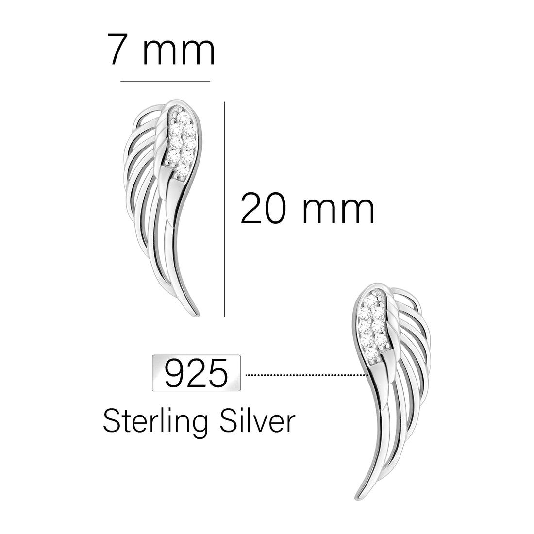 Maßenansicht von Flügel Engel Ohrstecker in 925 Silber von Sofia Milani - E1913