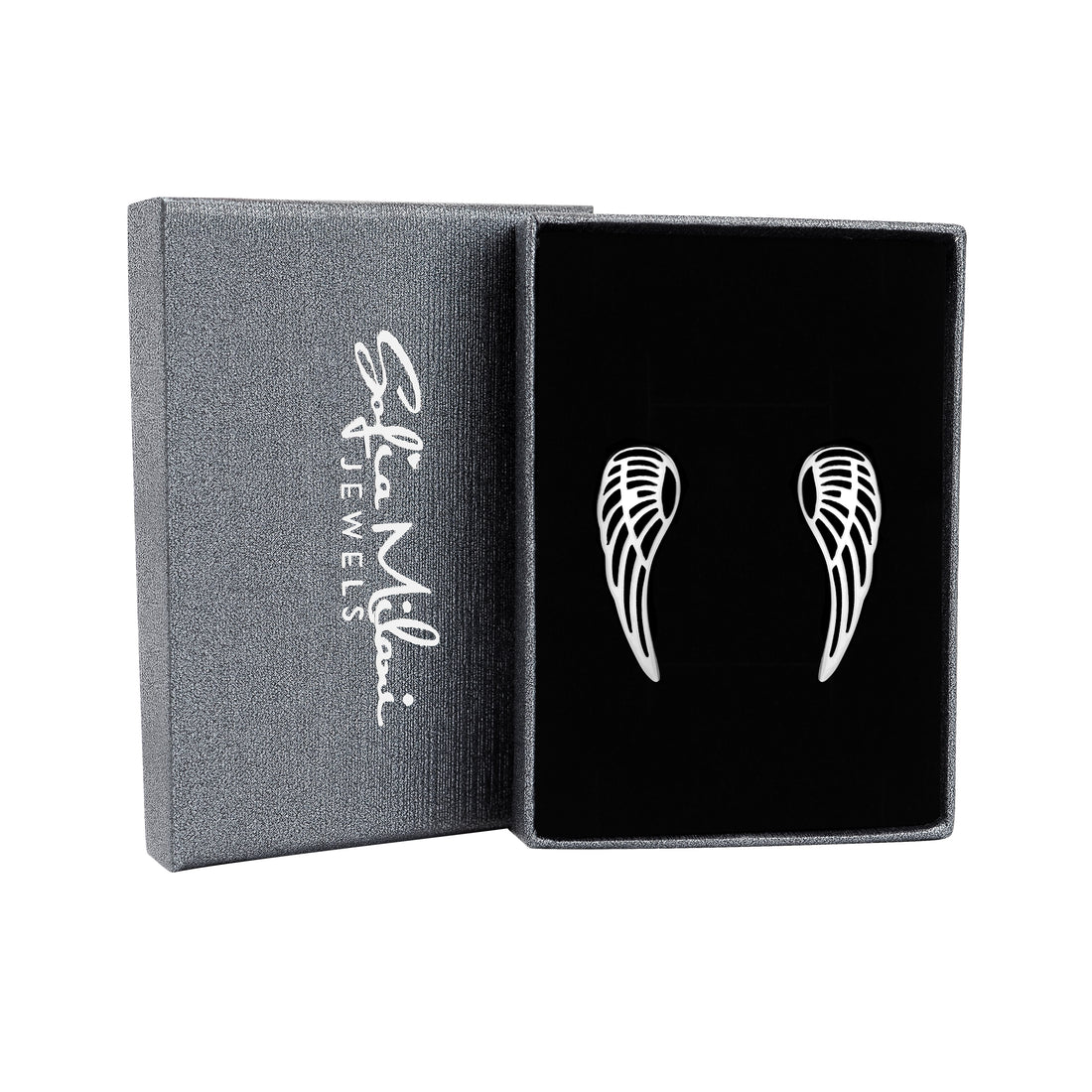 Boxansicht von Flügel Engel Ohrstecker in 925 Silber von Sofia Milani - E1919