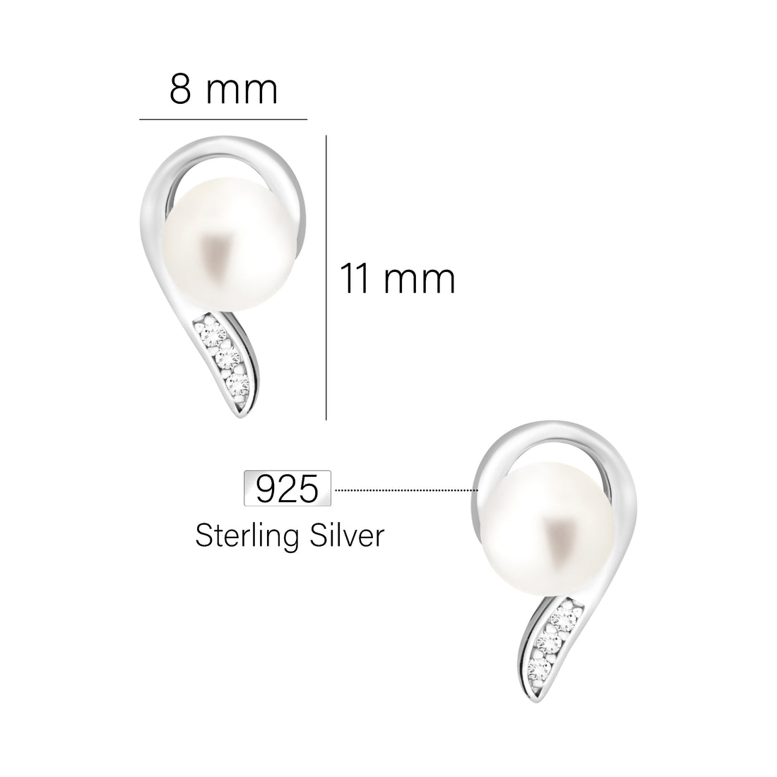 Maßenansicht von Perlen Ohrstecker in 925 Silber von Sofia Milani - E1959