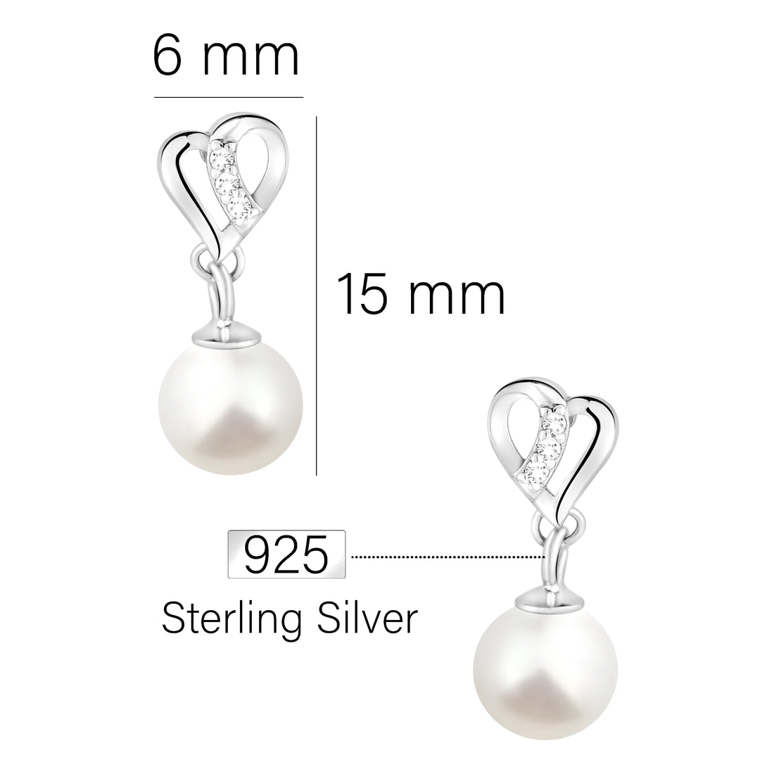 Maßenansicht von Herz Perlen Ohrstecker in 925 Silber von Sofia Milani - E1960