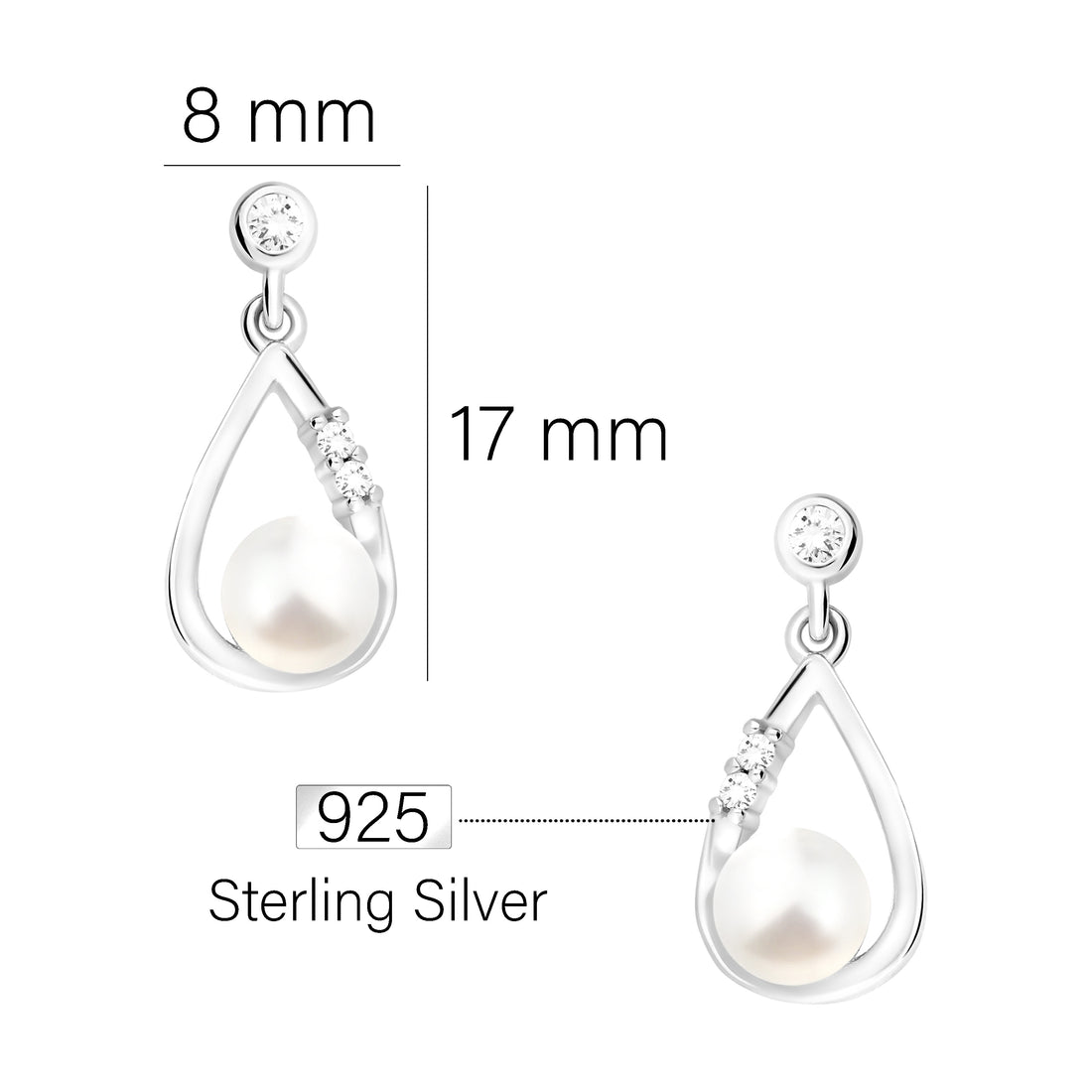 Maßenansicht von Perlen Ohrstecker in 925 Silber von Sofia Milani - E1962