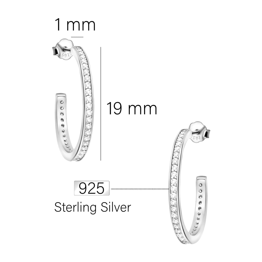 Maßenansicht von Zirkonia Steck Creolen in 925 Silber von Sofia Milani - E1977
