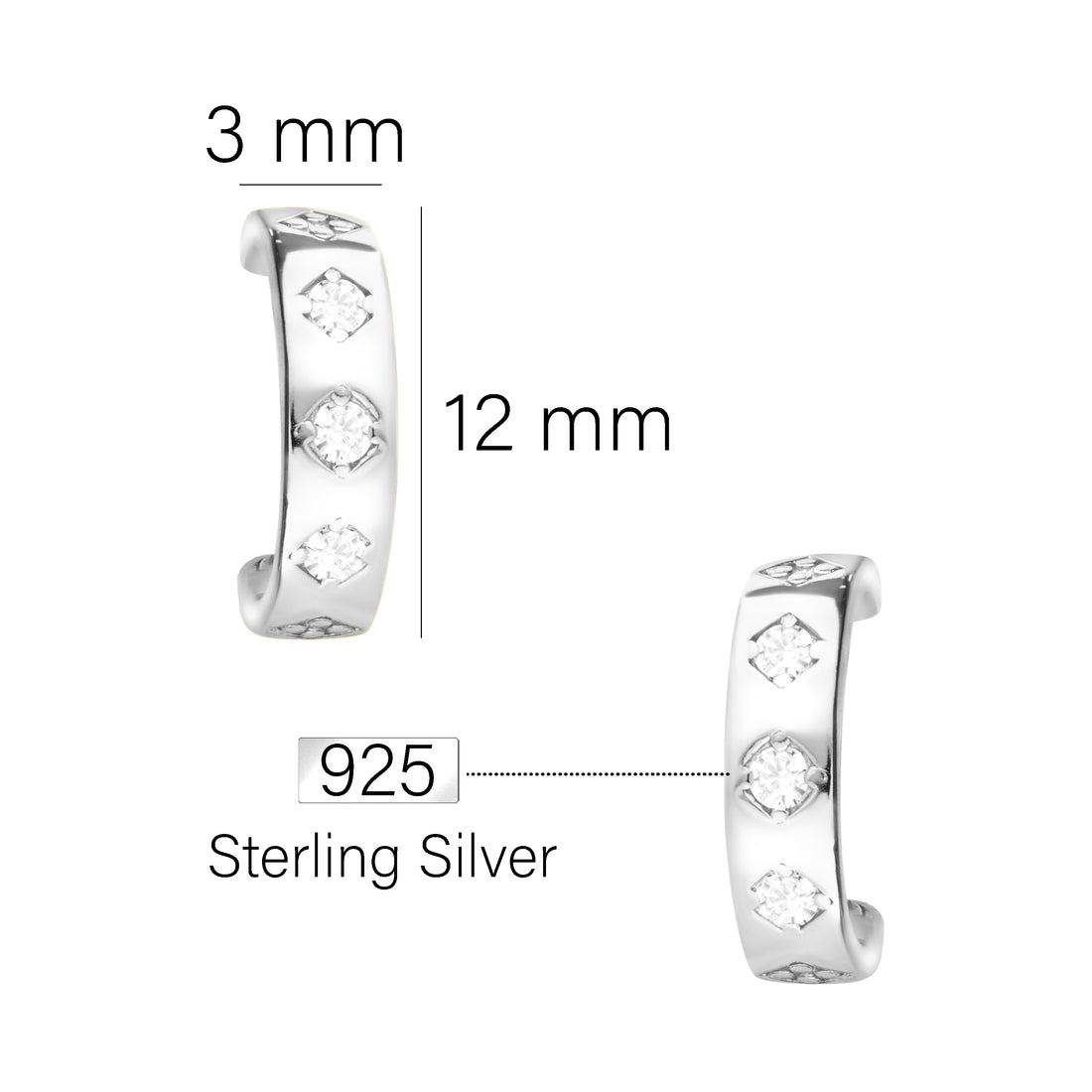 Maßenansicht von Zirkonia Steck Creolen in 925 Silber von Sofia Milani - E1989