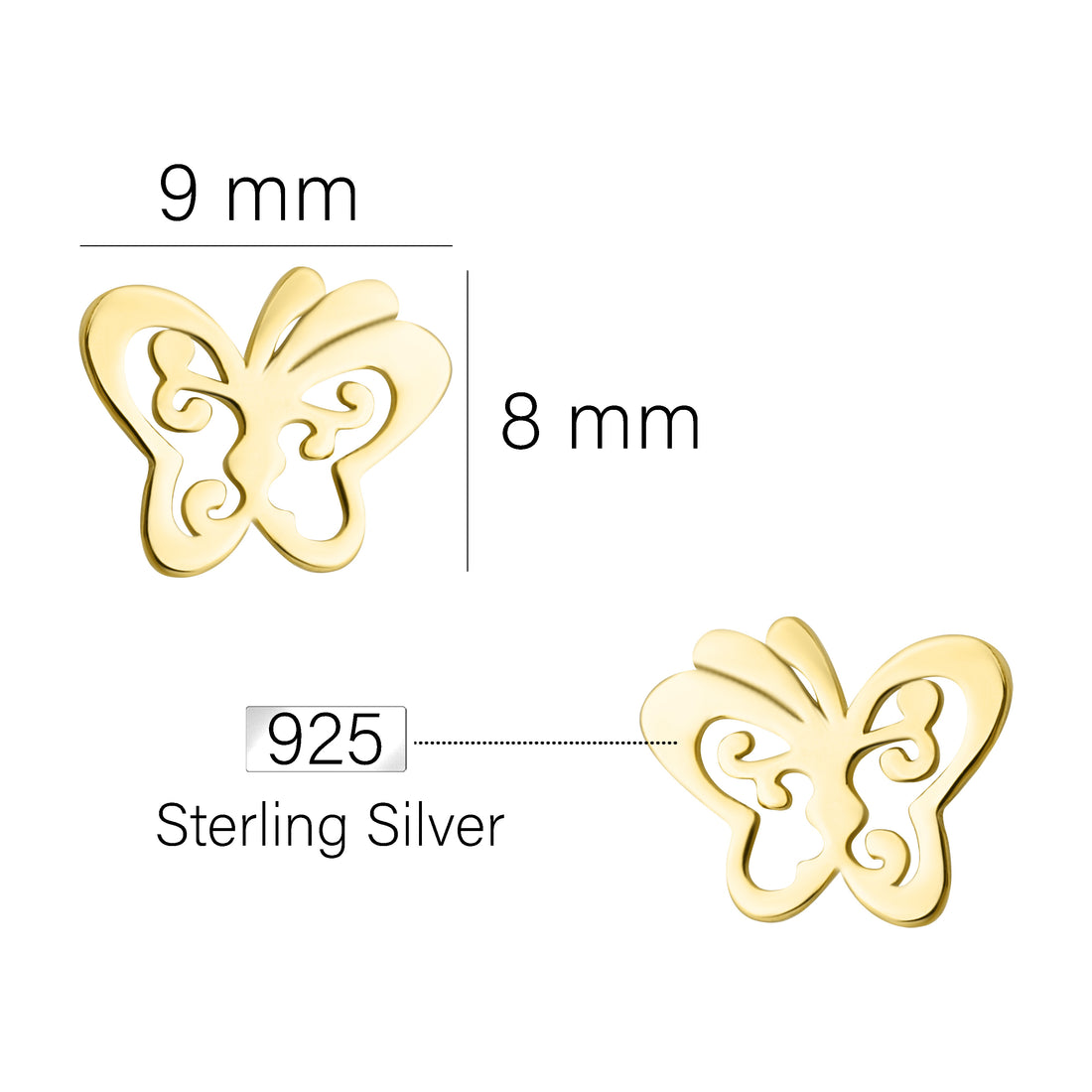 Maßenansicht von Schmetterling Ohrstecker in 925 Silber von Sofia Milani - E1996