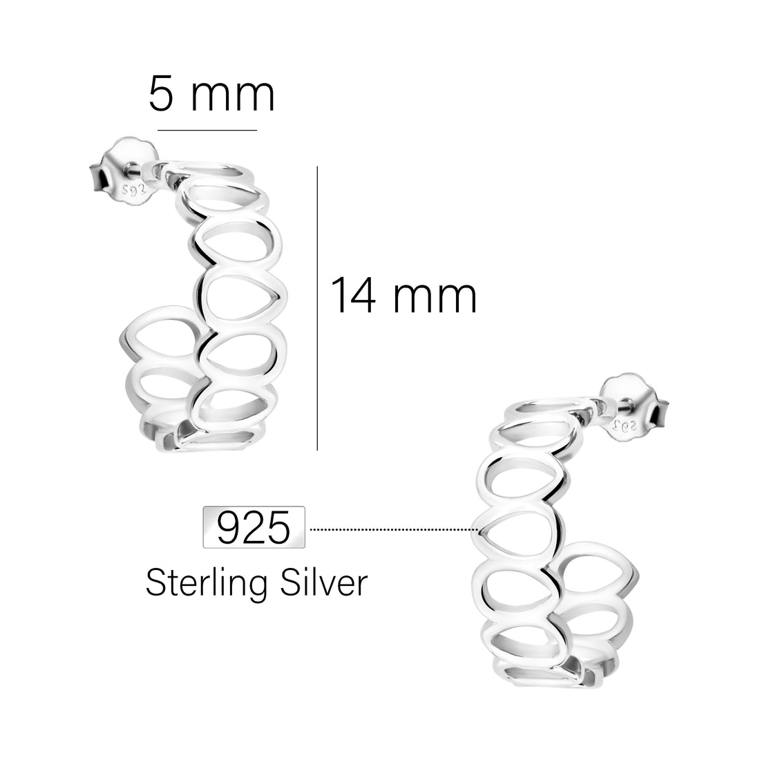 Maßenansicht von Gitter Steck Creolen in 925 Silber von Sofia Milani - E2007