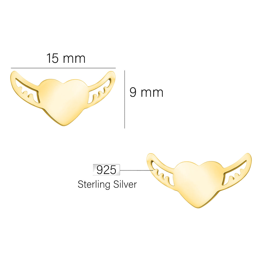 Maßenansicht von Herz Flügel Ohrstecker in 925 Silber von Sofia Milani - E2019