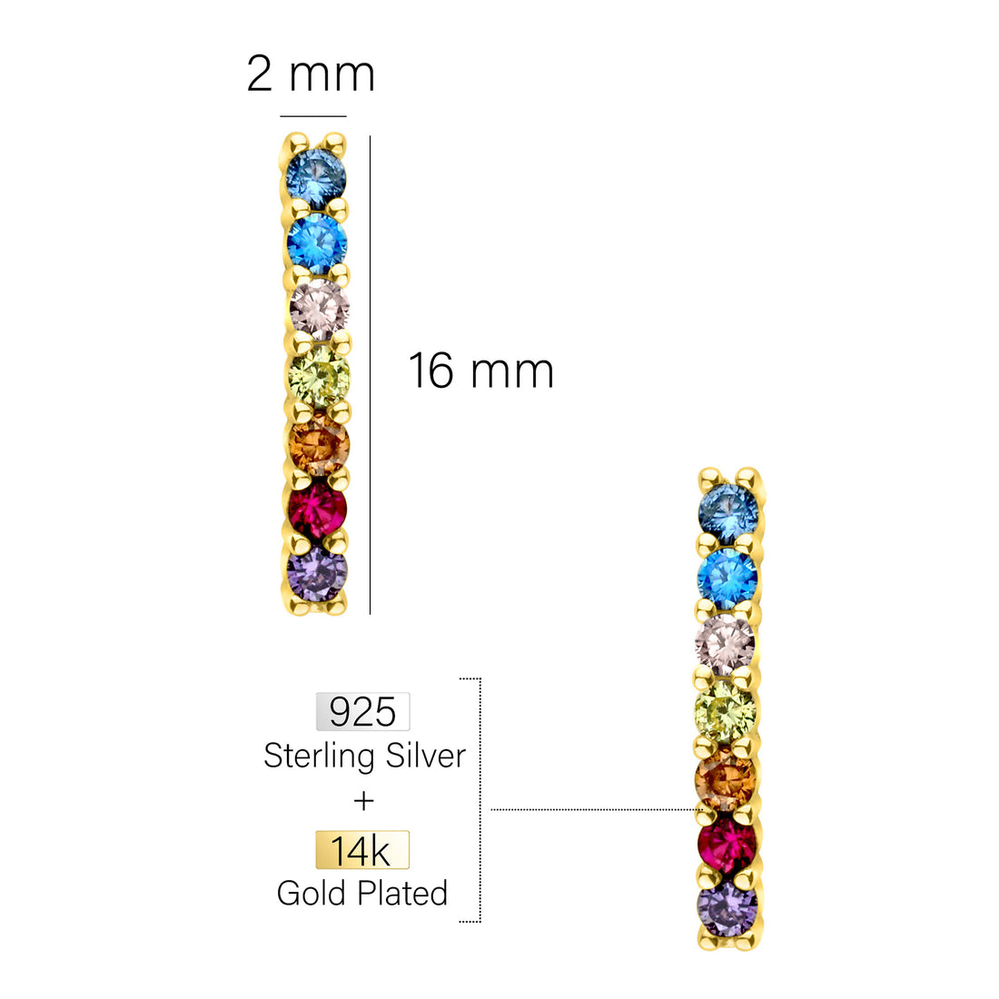 Maßenansicht von Stab Ohrstecker in 925 Silber von Sofia Milani - E2025