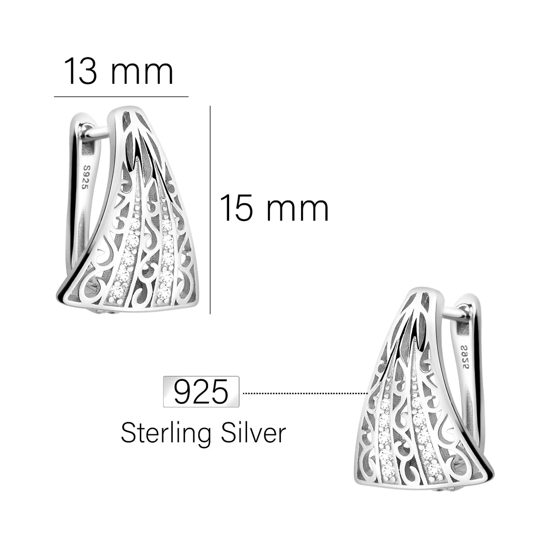 Maßenansicht von Gebogenes Trapez Ohrstecker in 925 Silber von Sofia Milani - E2052