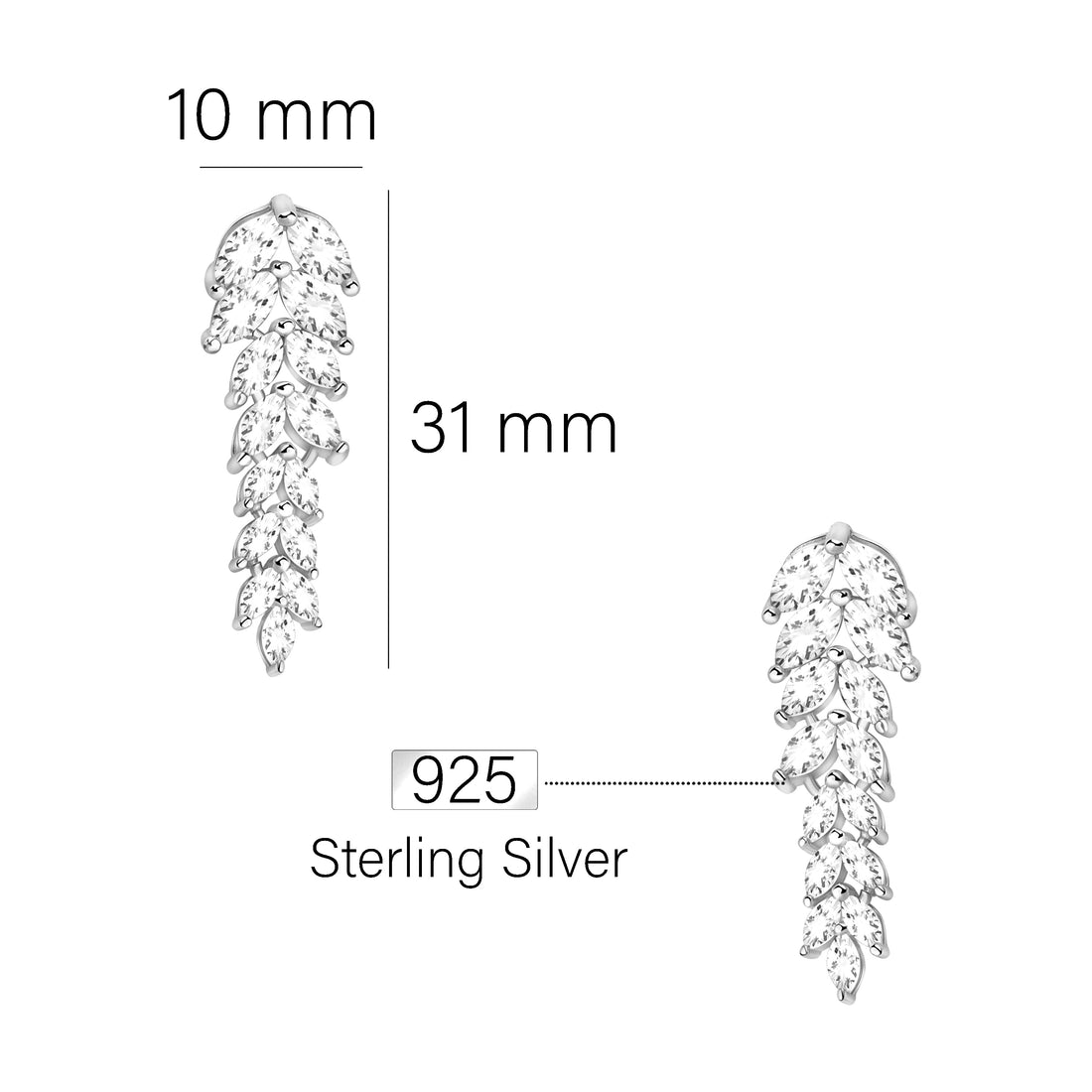 Maßenansicht von Blatt Ohrhänger in 925 Silber von Sofia Milani - E2058