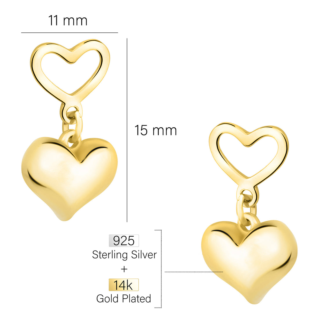 Maßenansicht von Doppeltes Herz Ohrhänger in 925 Silber von Sofia Milani - E2067
