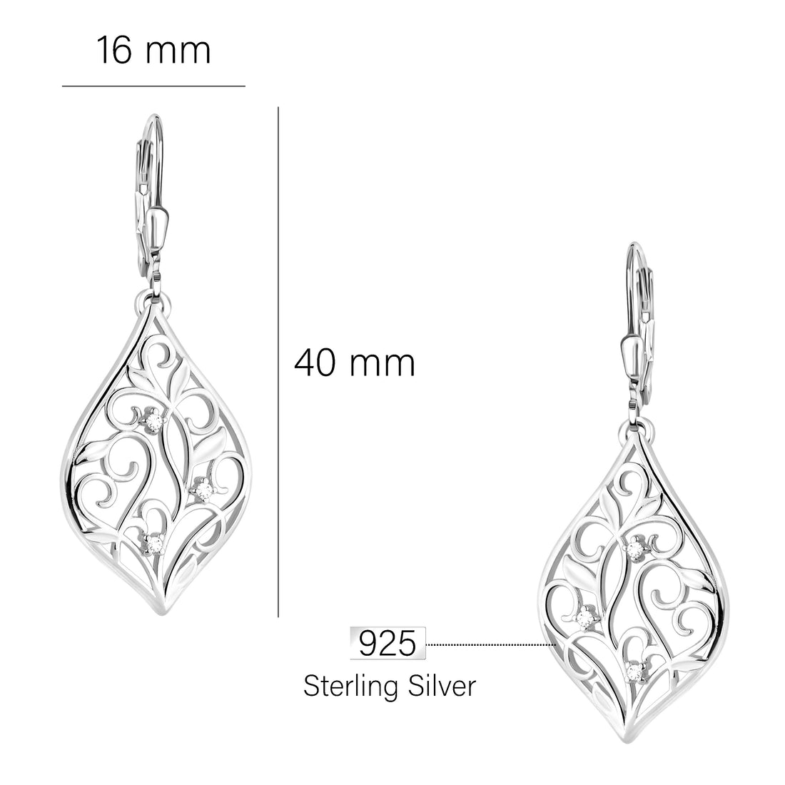 Maßenansicht von Blatt Ohrhänger in 925 Silber von Sofia Milani - E2070