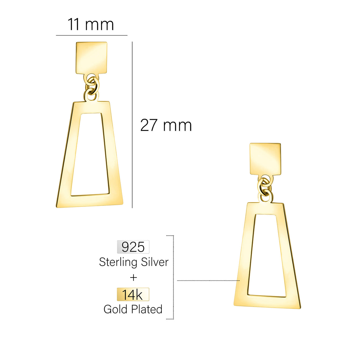 Maßenansicht von Trapez Quadrat Ohrhänger in 925 Silber von Sofia Milani - E2081