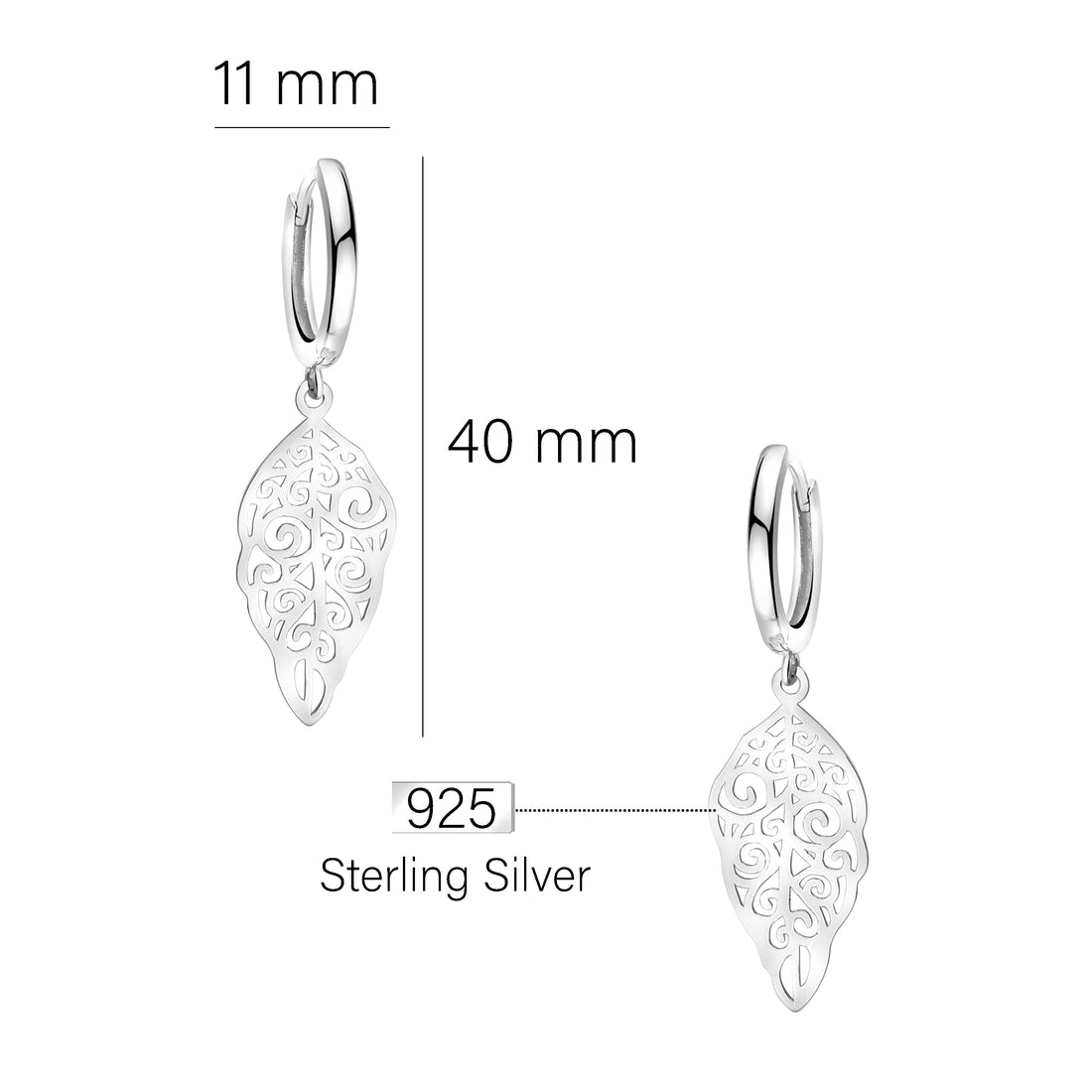 Maßenansicht von Blatt Ohrhänger in 925 Silber von Sofia Milani - E2088
