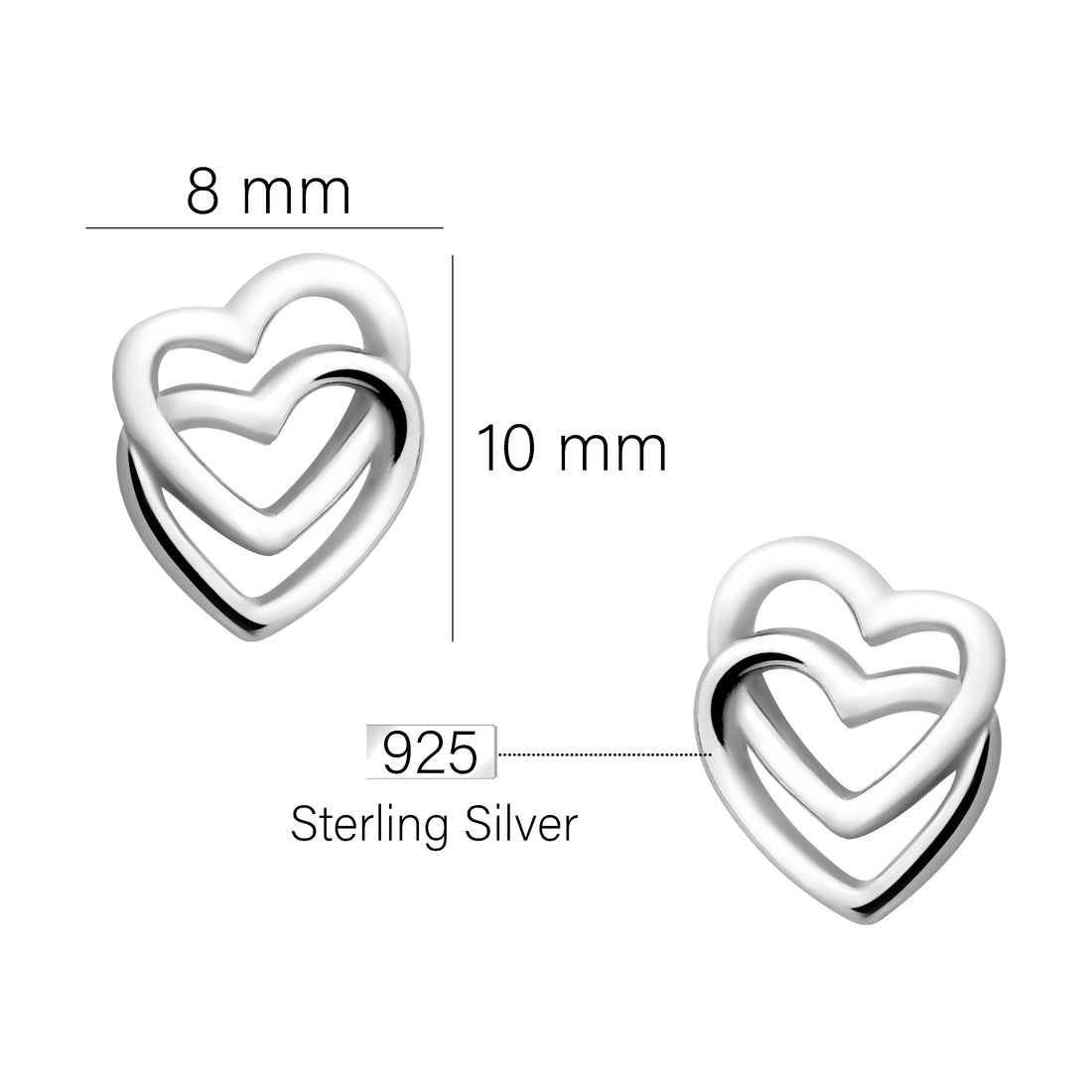 Maßenansicht von Doppeltes Herz Ohrstecker in 925 Silber von Sofia Milani - E2102