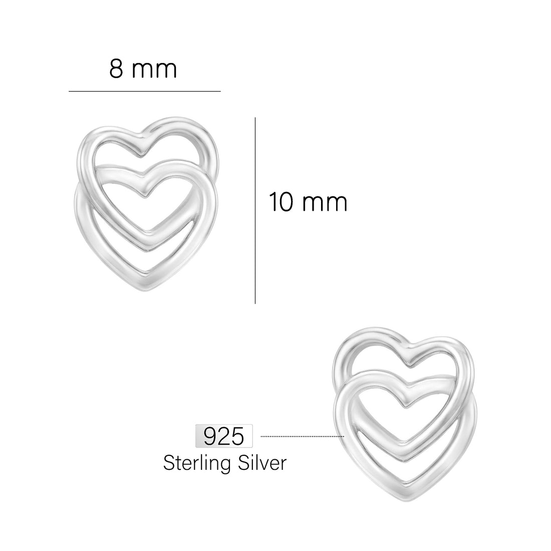 Maßenansicht von Doppeltes Herz Ohrstecker in 925 Silber von Sofia Milani - E2102